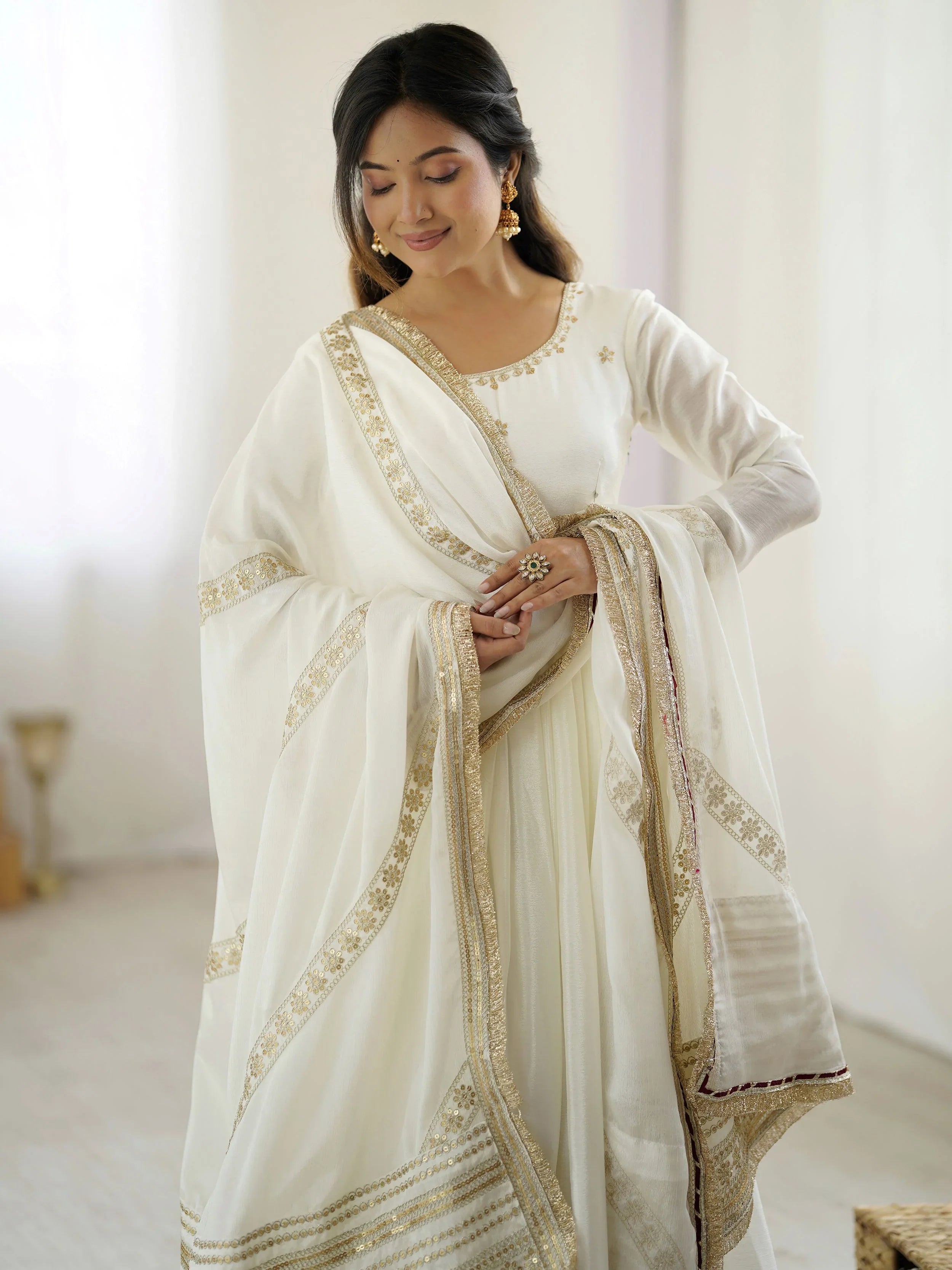 White Chinon Silk Embroidered Anarkali Suit With Dupatta