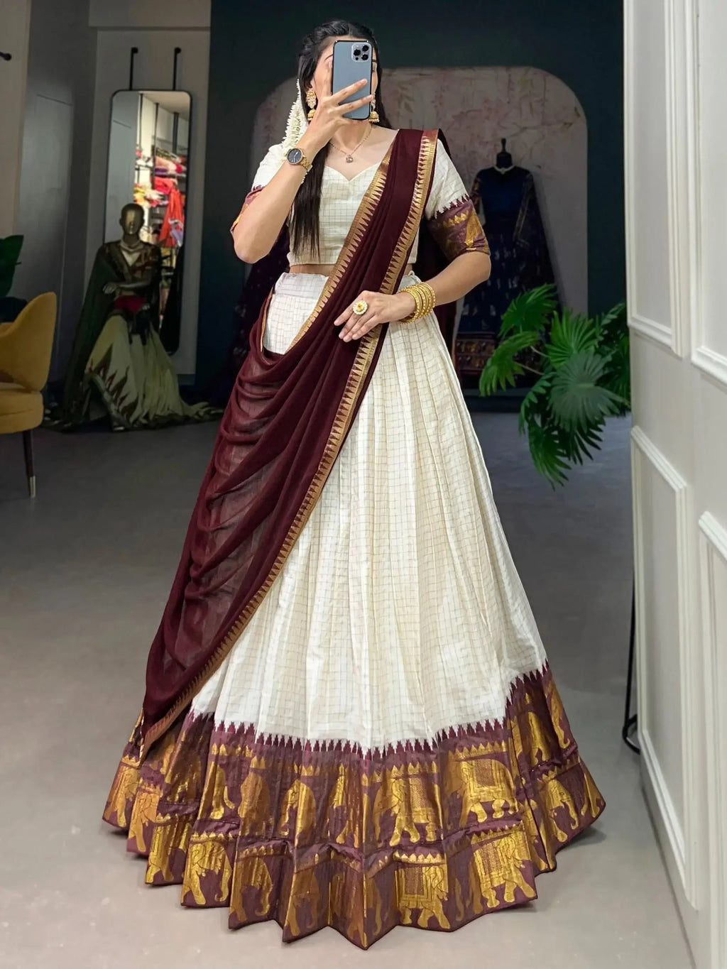 White Color Poly Cotton Chex Zari Weaving Work Half-Saree Lehenga