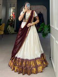 White Color Poly Cotton Chex Zari Weaving Work Half-Saree Lehenga