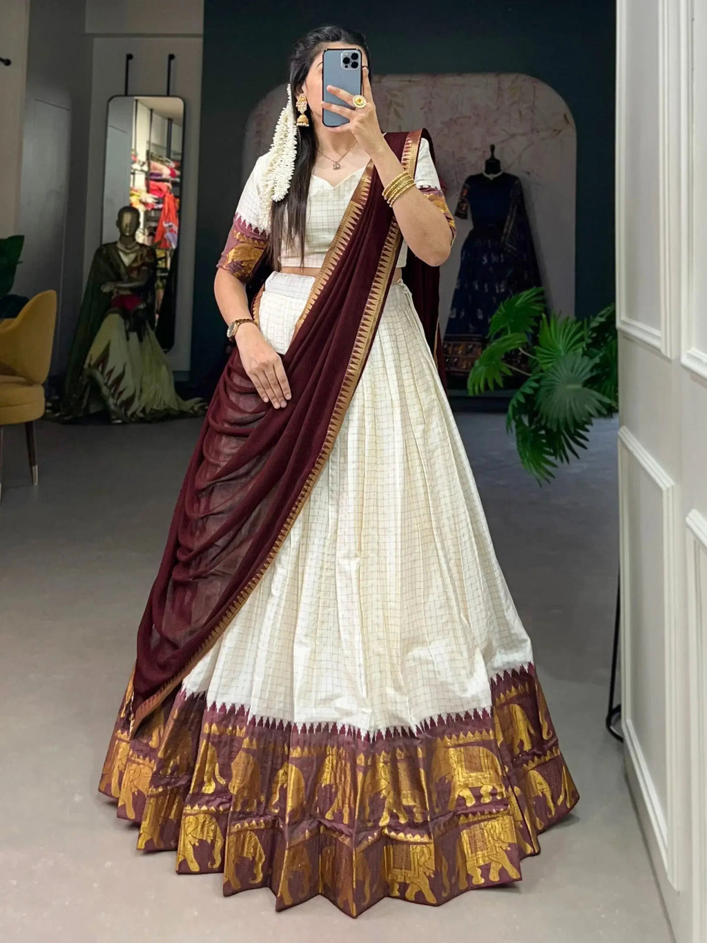 White Color Poly Cotton Chex Zari Weaving Work Half-Saree Lehenga