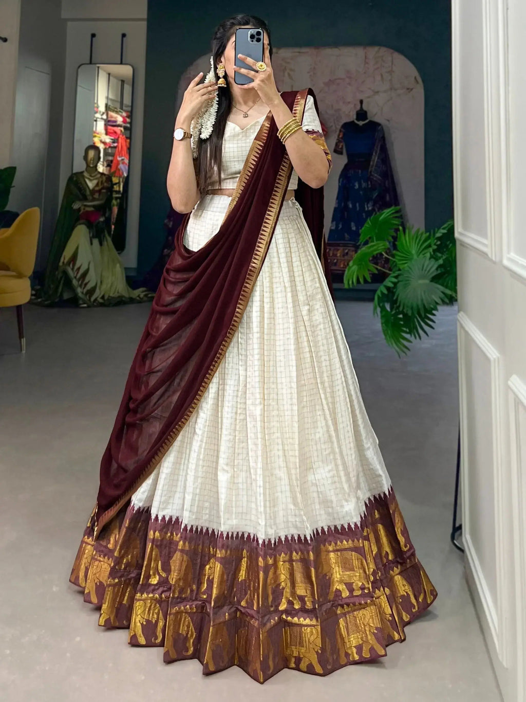 White Color Poly Cotton Chex Zari Weaving Work Half-Saree Lehenga