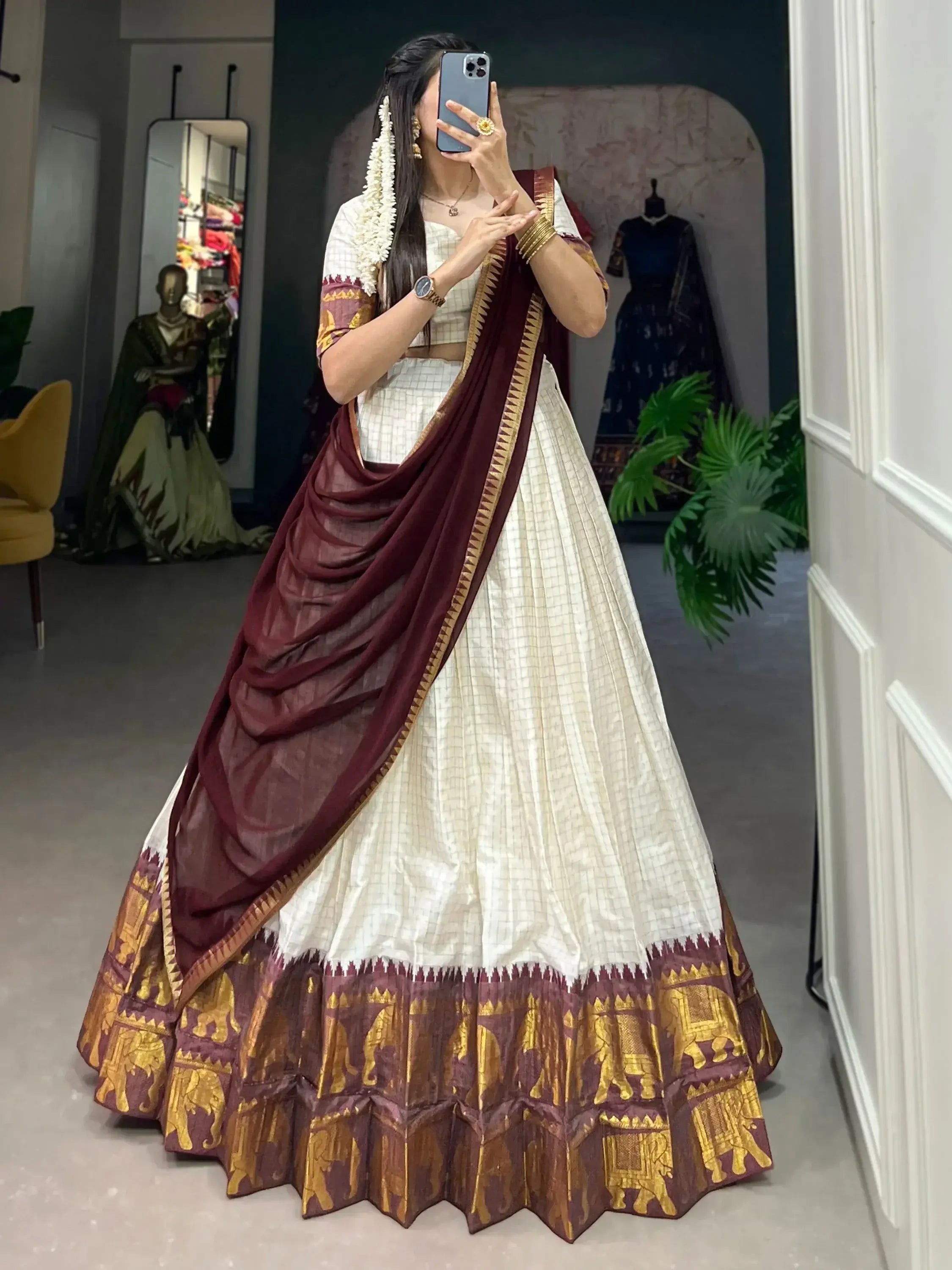 White Color Poly Cotton Chex Zari Weaving Work Half-Saree Lehenga