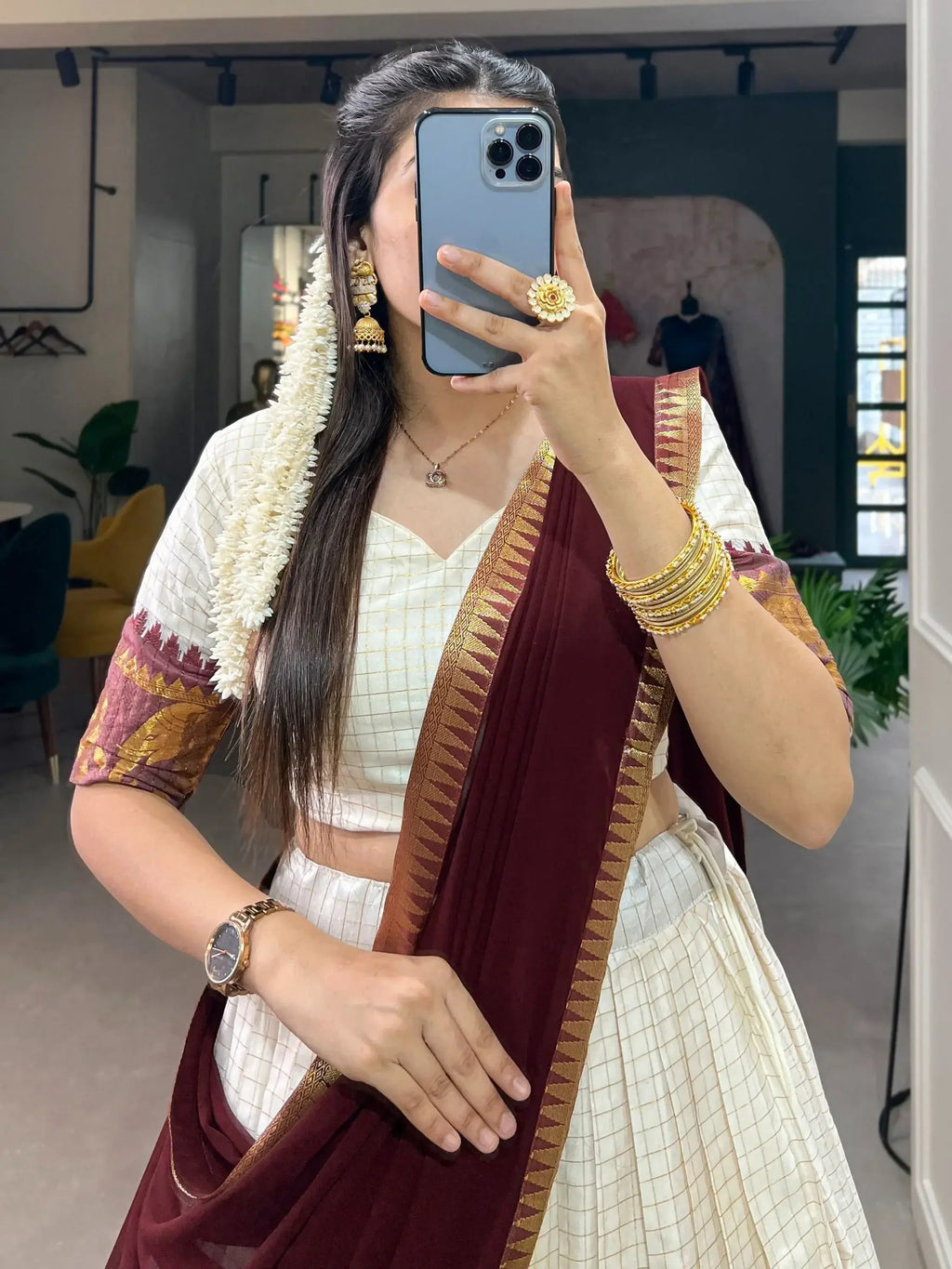 White Color Poly Cotton Chex Zari Weaving Work Half-Saree Lehenga