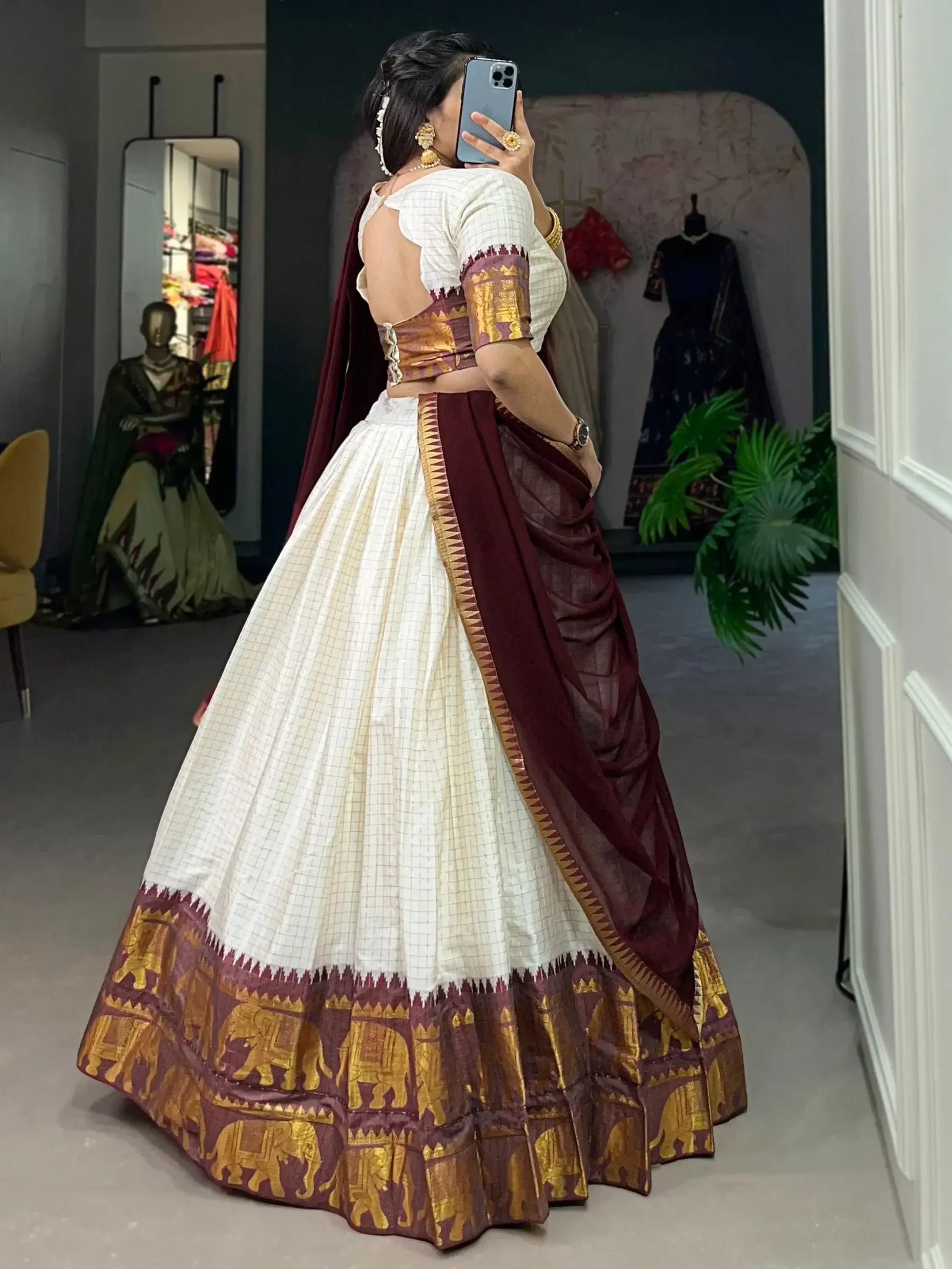 White Color Poly Cotton Chex Zari Weaving Work Half-Saree Lehenga