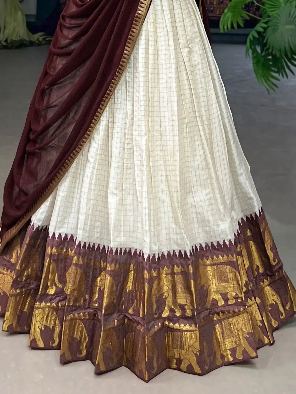 White Color Poly Cotton Chex Zari Weaving Work Half-Saree Lehenga
