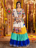 White Multicolor Viscose Cotton Mirror Embroidery Navratri Lehenga Choli