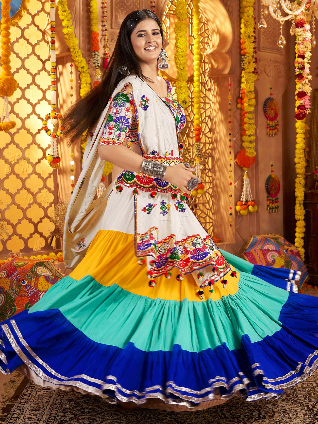 White Multicolor Viscose Cotton Mirror Embroidery Navratri Lehenga Choli