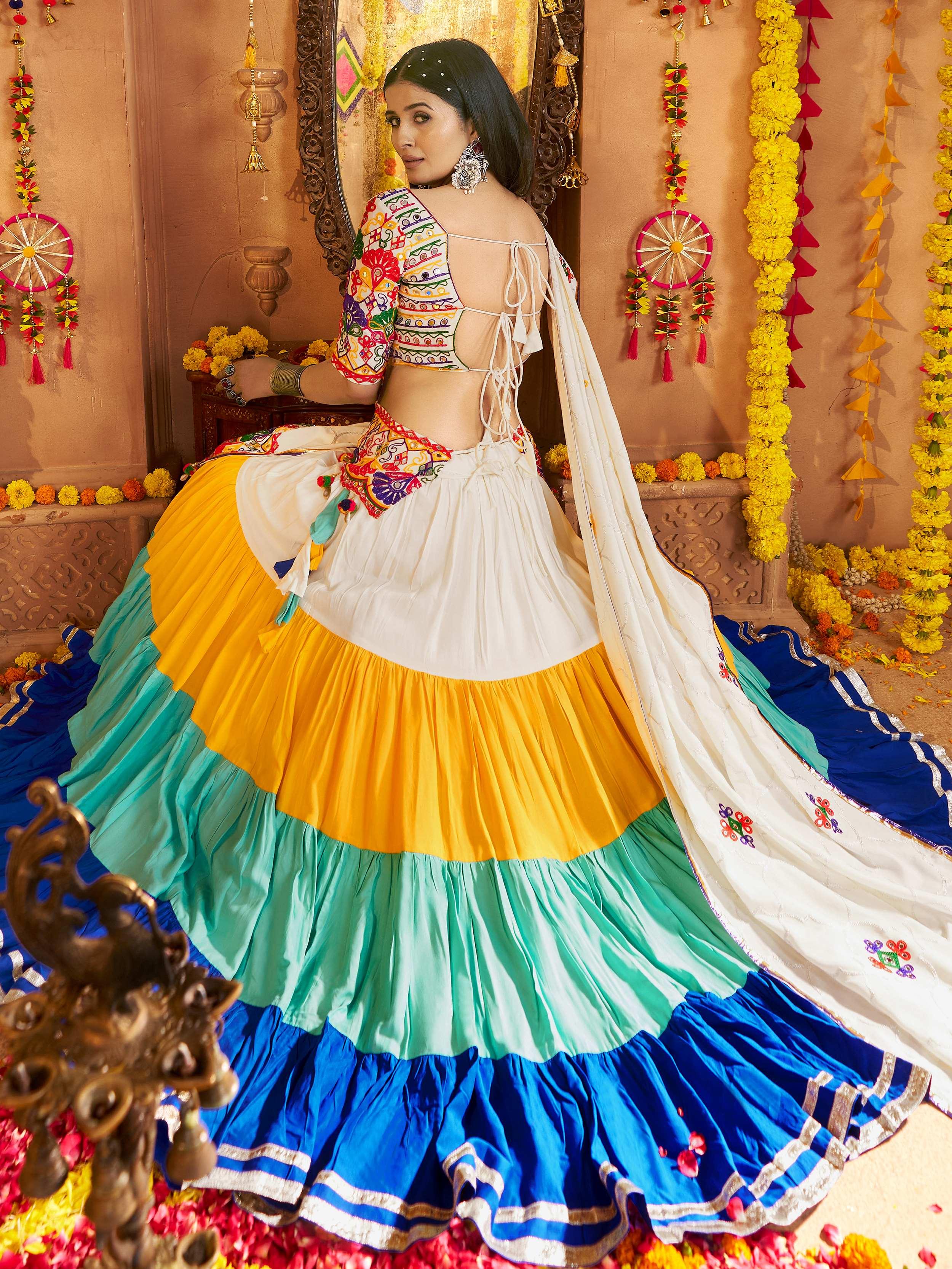 White Multicolor Viscose Cotton Mirror Embroidery Navratri Lehenga Choli