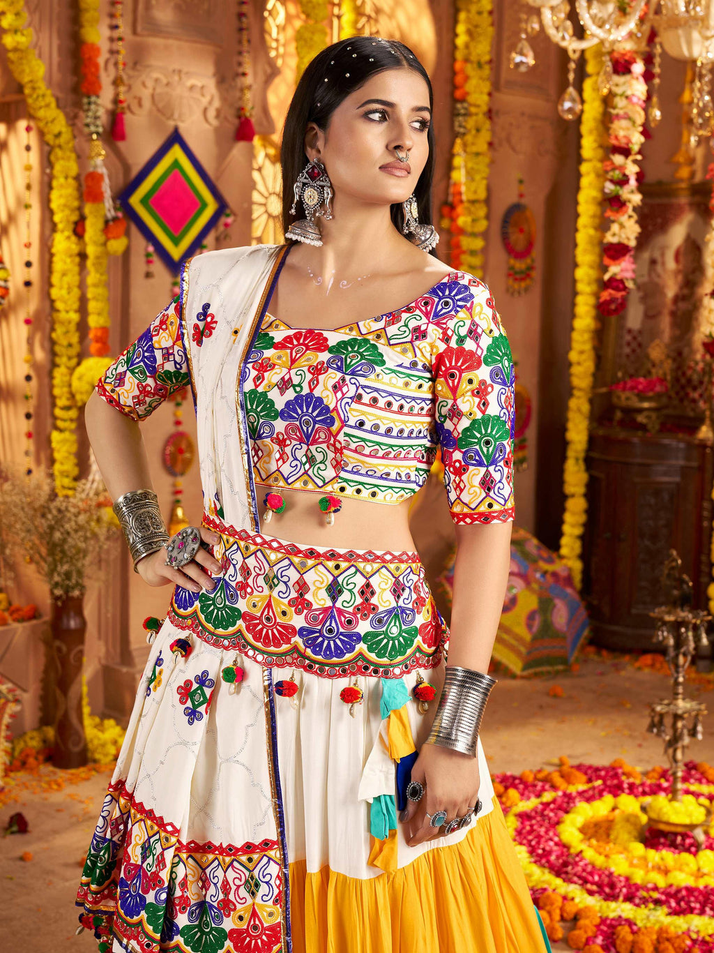 White Multicolor Viscose Cotton Mirror Embroidery Navratri Lehenga Choli