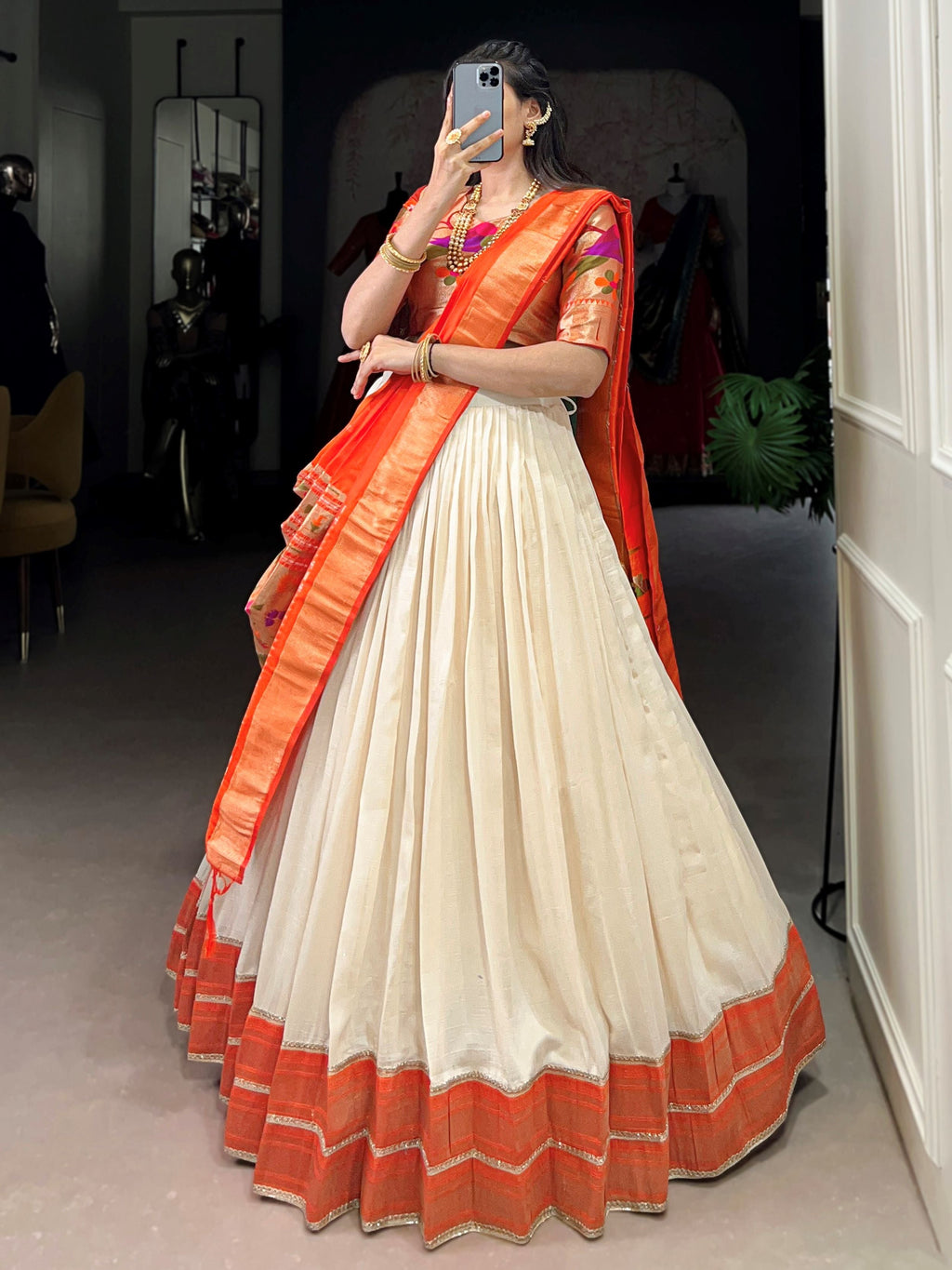 White Paithani Vichitra Silk Zari Weaving Lehenga Choli with Dupatta