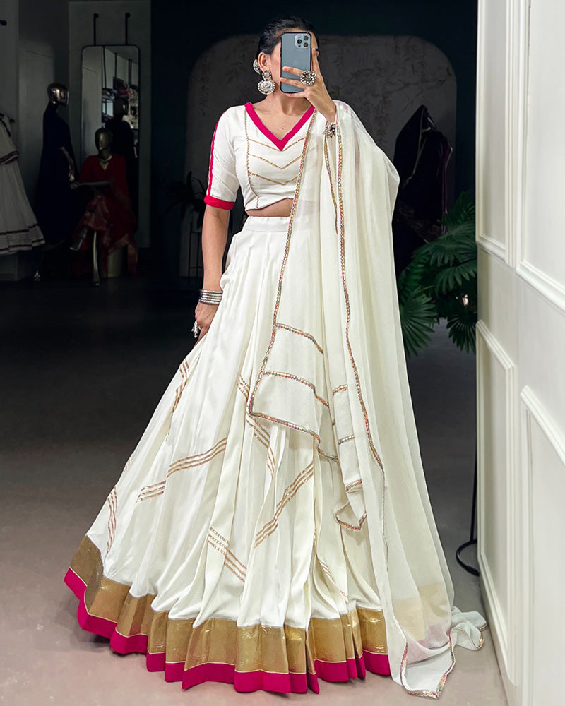 White Pure Rayon Embossed Designed Gota Patti Lace Work Lehenga Choli