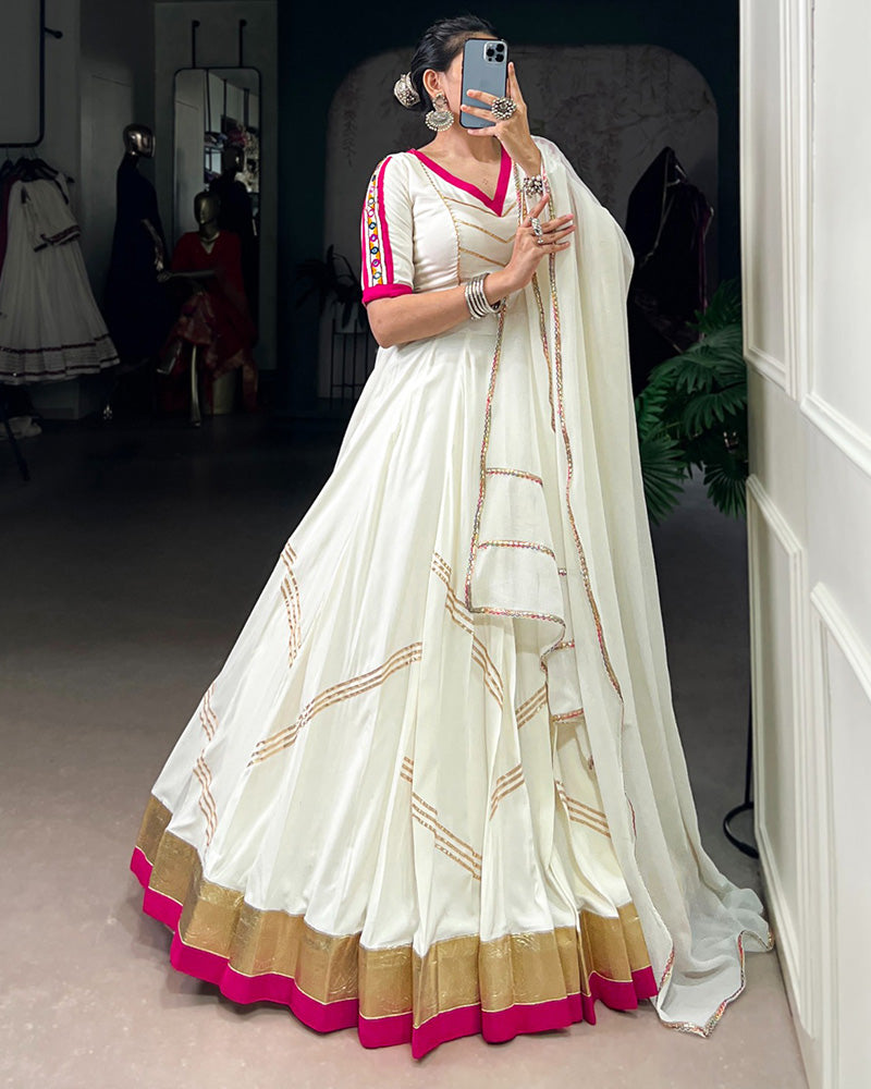 White Pure Rayon Embossed Designed Gota Patti Lace Work Lehenga Choli