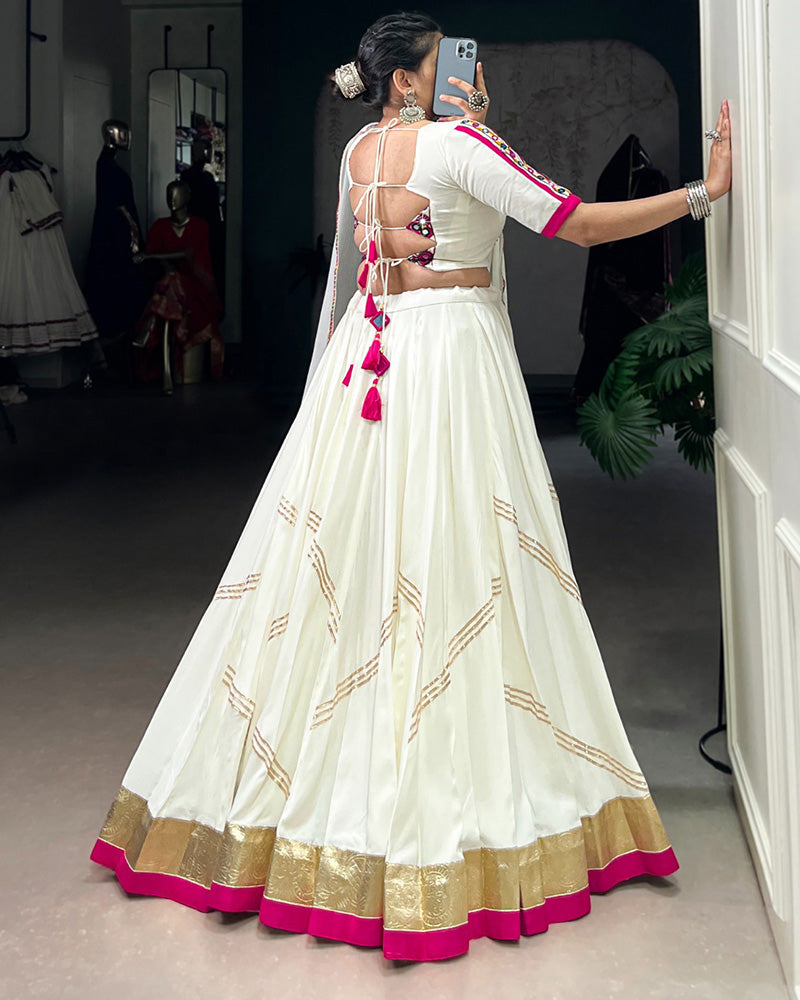 White Pure Rayon Embossed Designed Gota Patti Lace Work Lehenga Choli