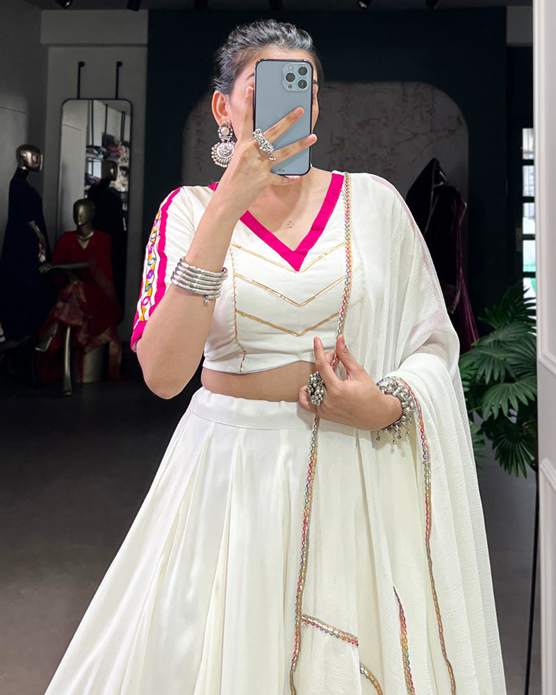 White Pure Rayon Embossed Designed Gota Patti Lace Work Lehenga Choli