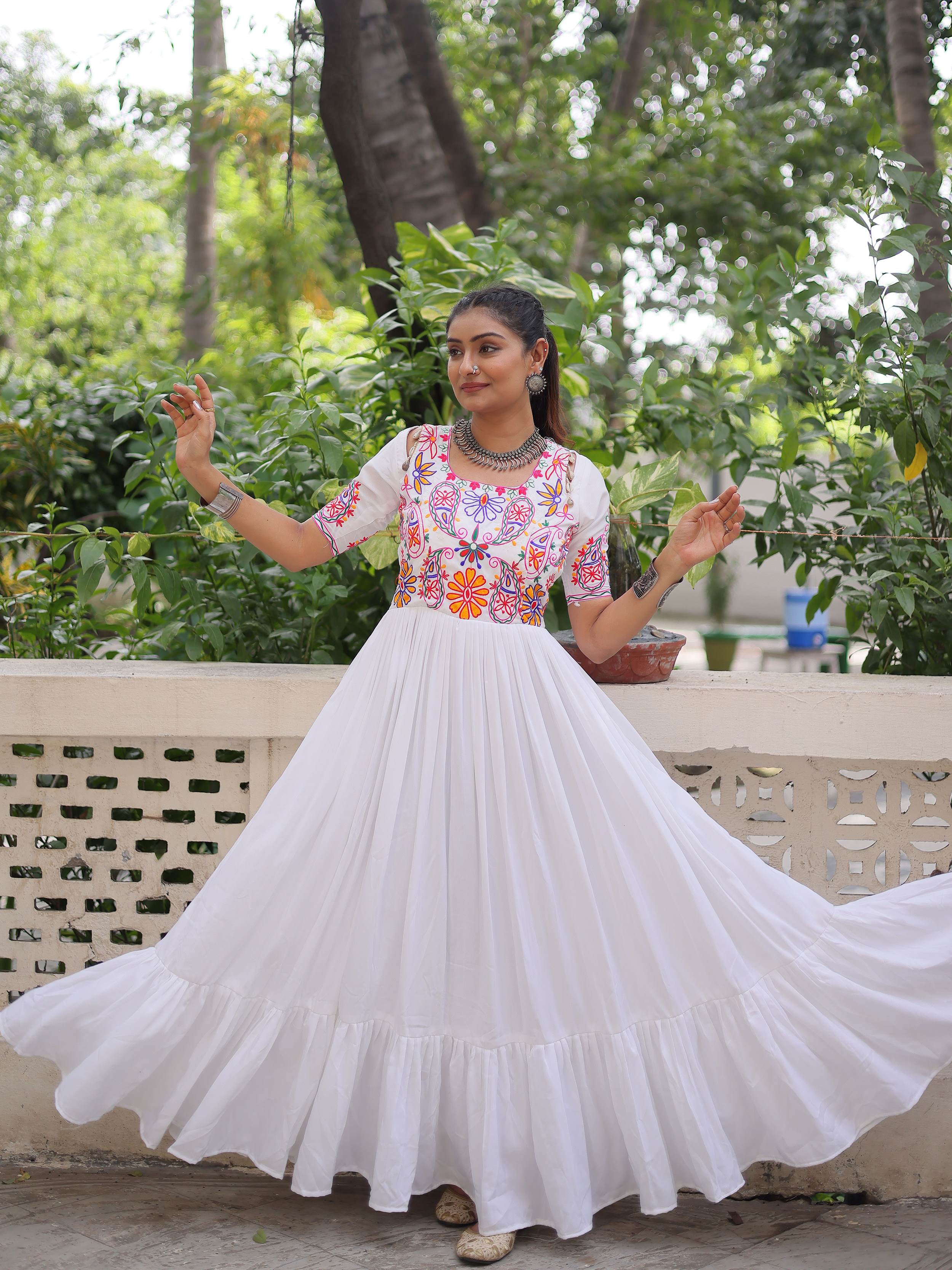 White Pure Rayon Kutchi Gamthi Embroidered Thread Work Gown