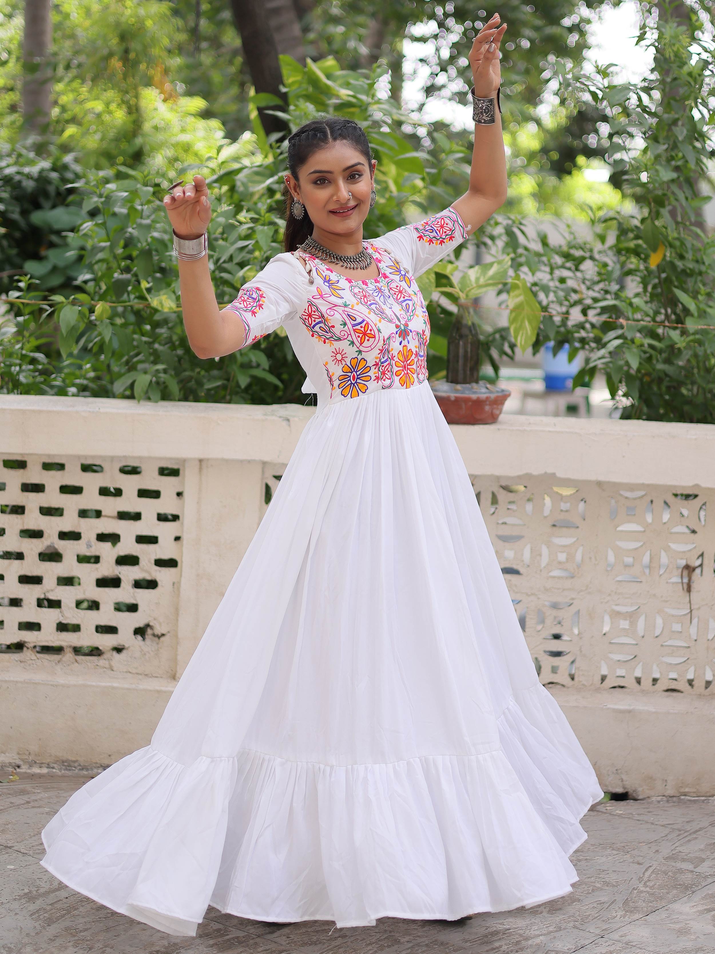 White Pure Rayon Kutchi Gamthi Embroidered Thread Work Gown