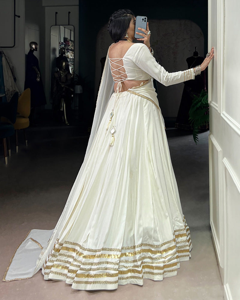 White Pure Rayon Lace Work Mirror Embroidered Lehenga Choli