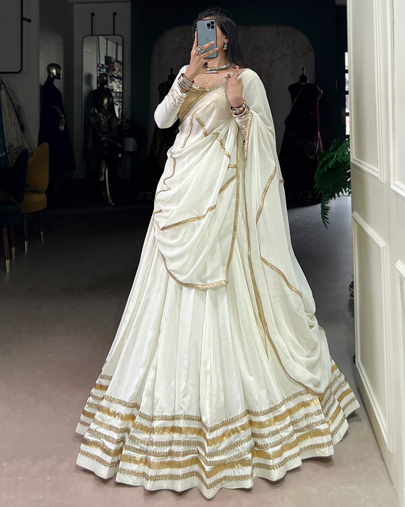 White Pure Rayon Lace Work Mirror Embroidered Lehenga Choli