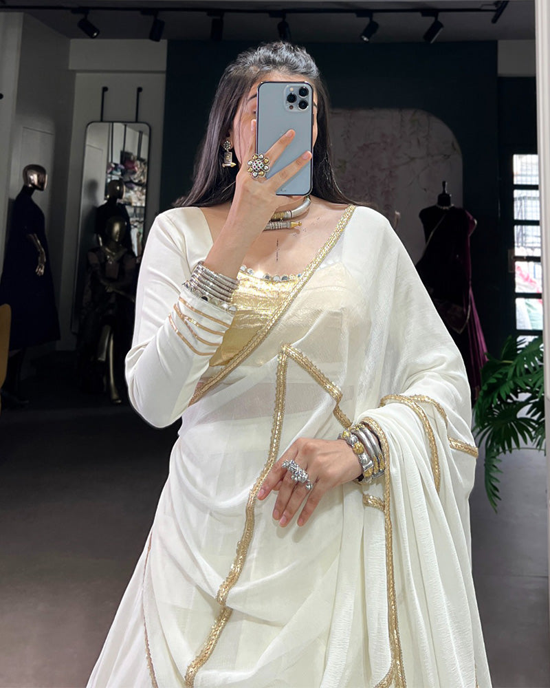 White Pure Rayon Lace Work Mirror Embroidered Lehenga Choli