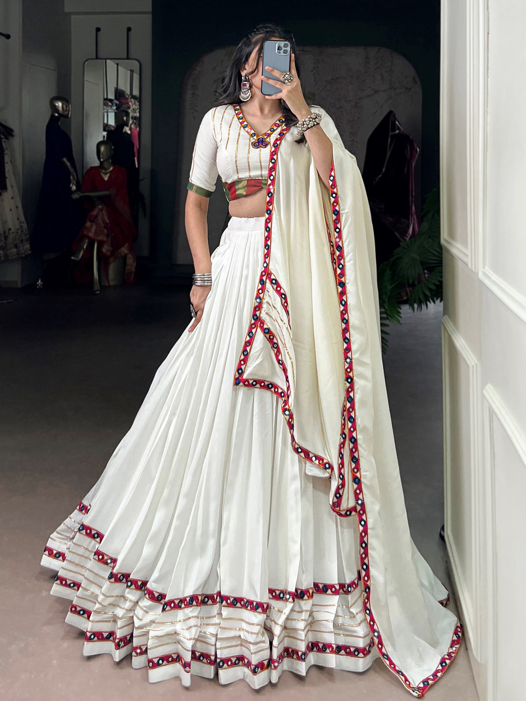 White Pure Rayon Mirror Gamthi and Gotta Patti Work Lehenga Choli