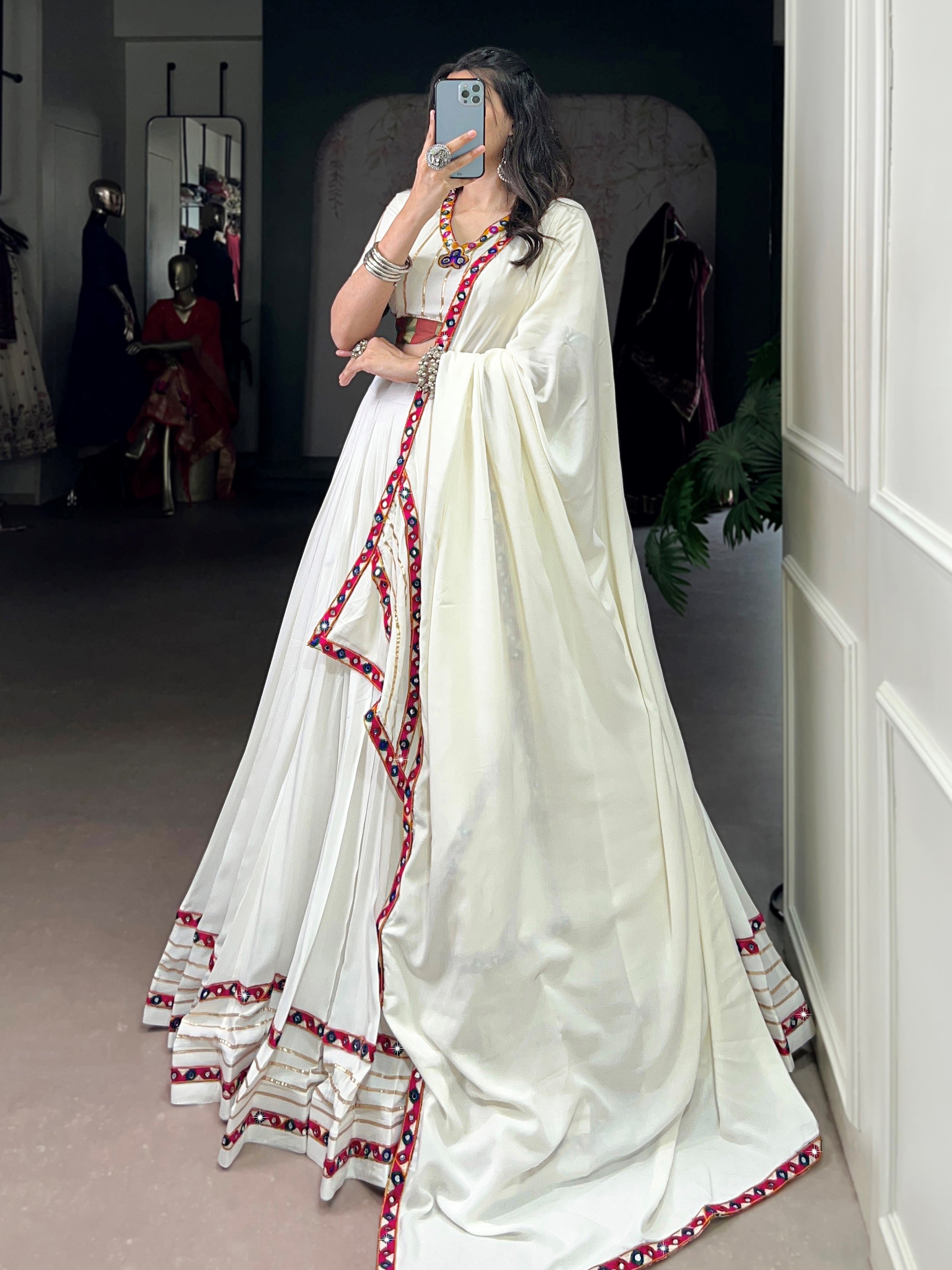 White Pure Rayon Mirror Gamthi and Gotta Patti Work Lehenga Choli