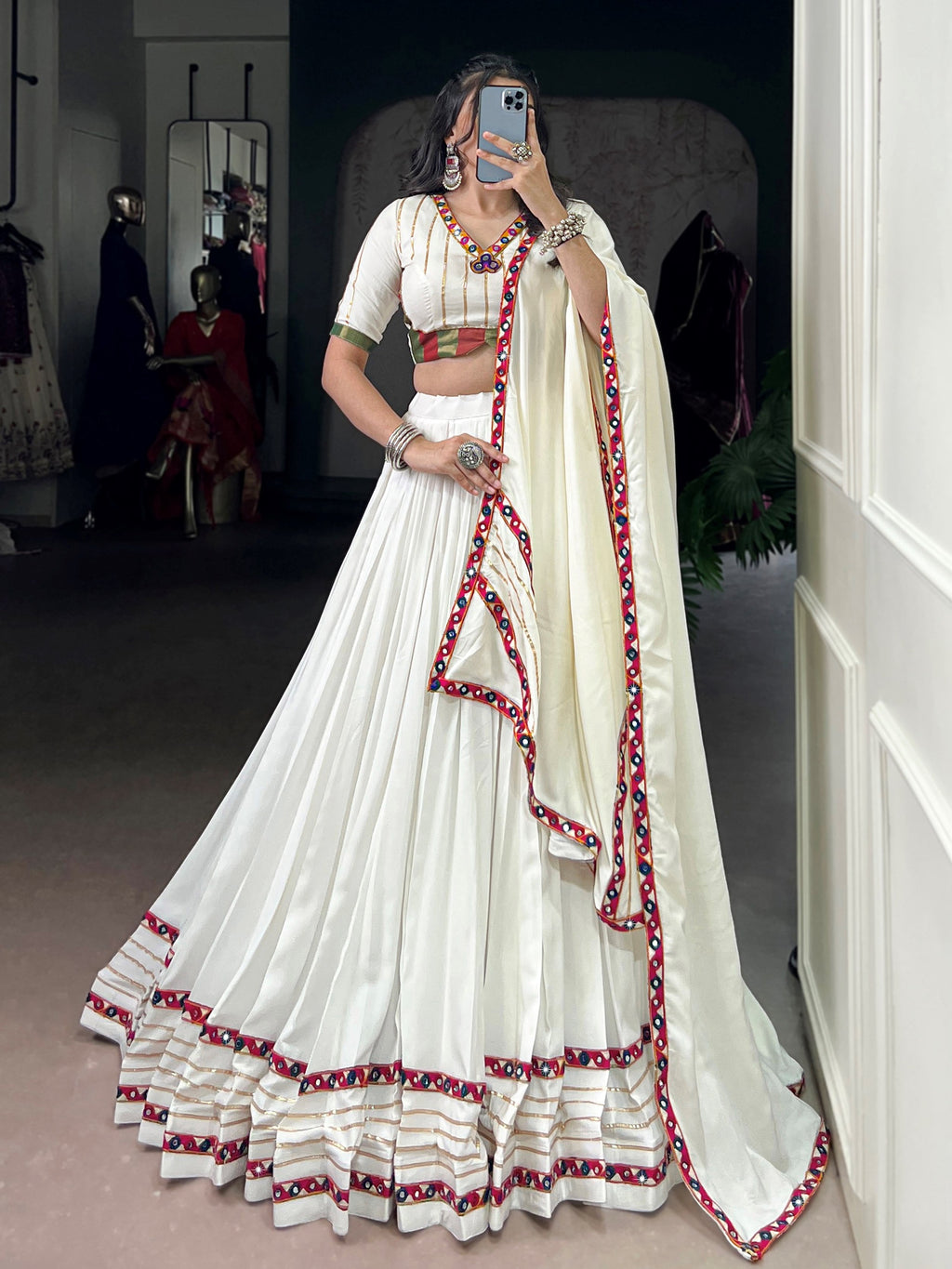 White Pure Rayon Mirror Gamthi and Gotta Patti Work Lehenga Choli