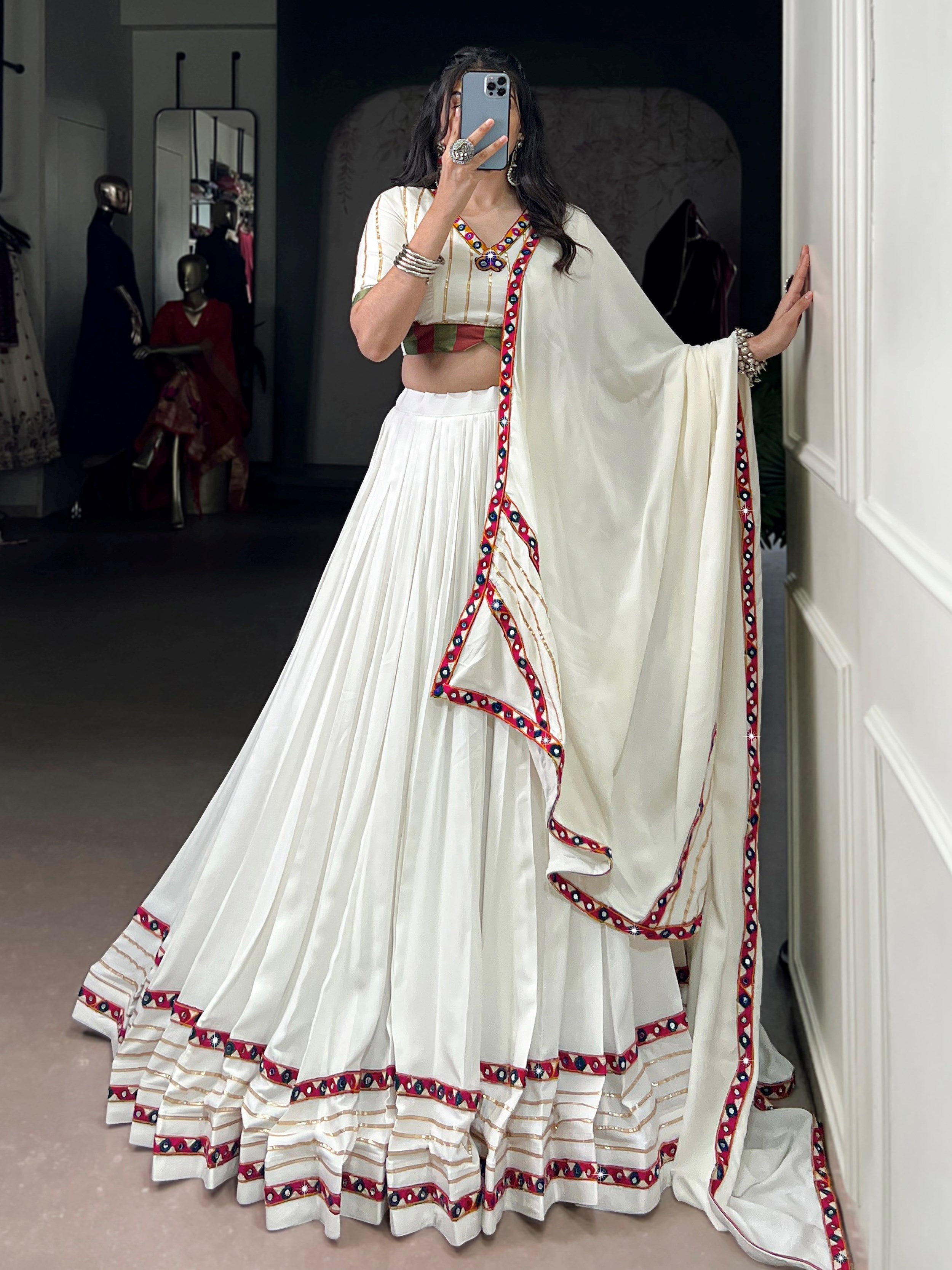 White Pure Rayon Mirror Gamthi and Gotta Patti Work Lehenga Choli