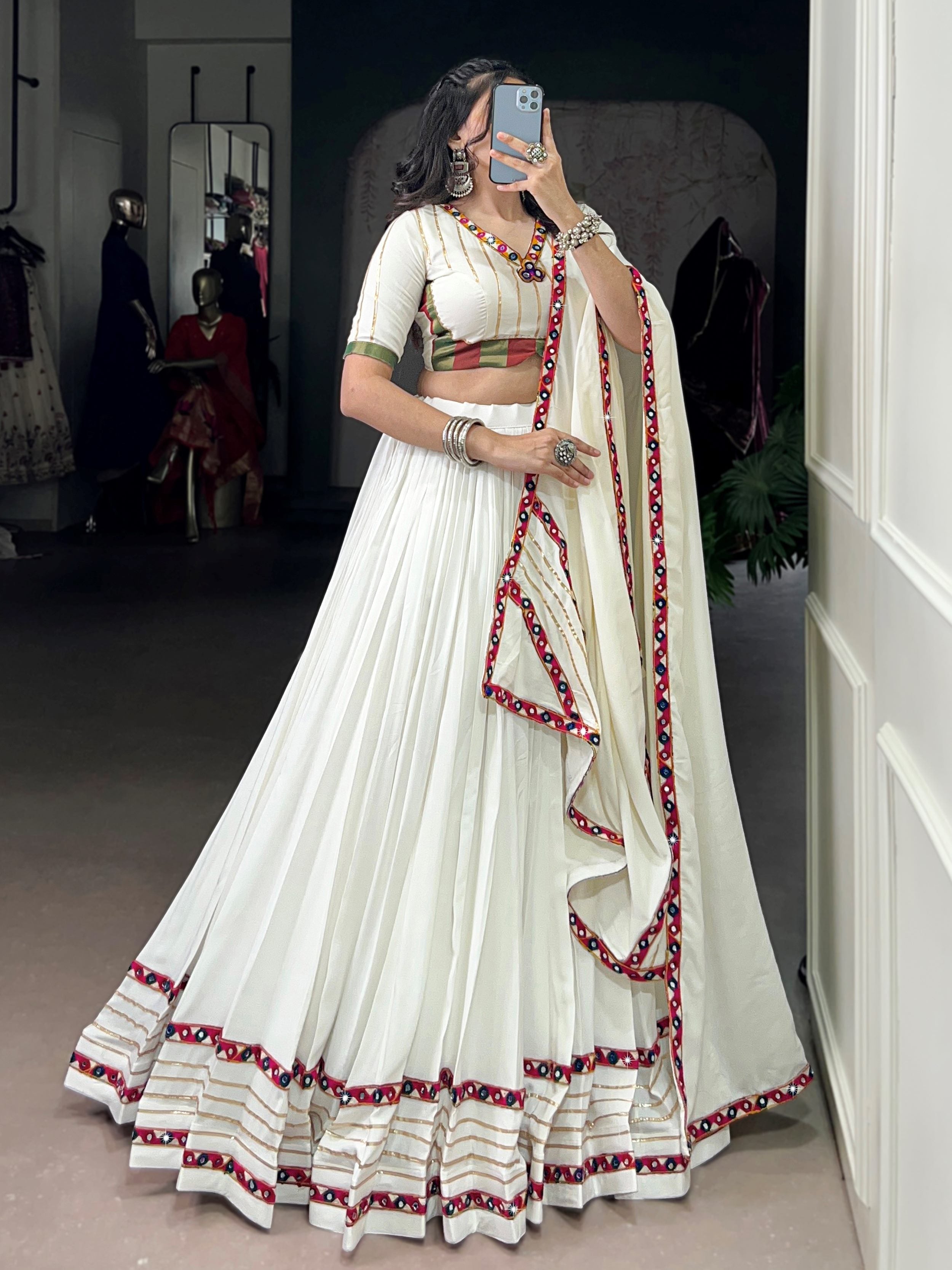 White Pure Rayon Mirror Gamthi and Gotta Patti Work Lehenga Choli