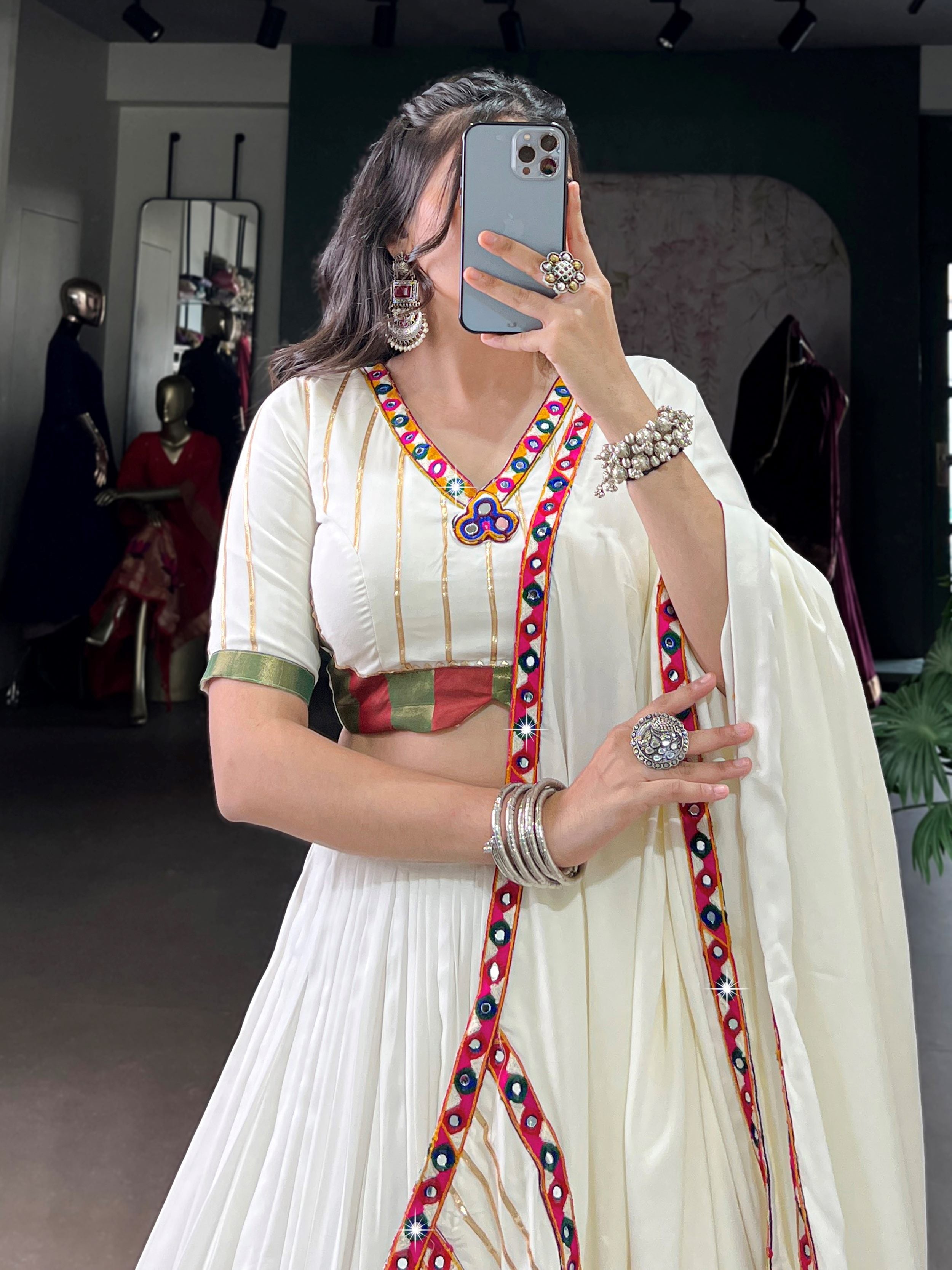 White Pure Rayon Mirror Gamthi and Gotta Patti Work Lehenga Choli