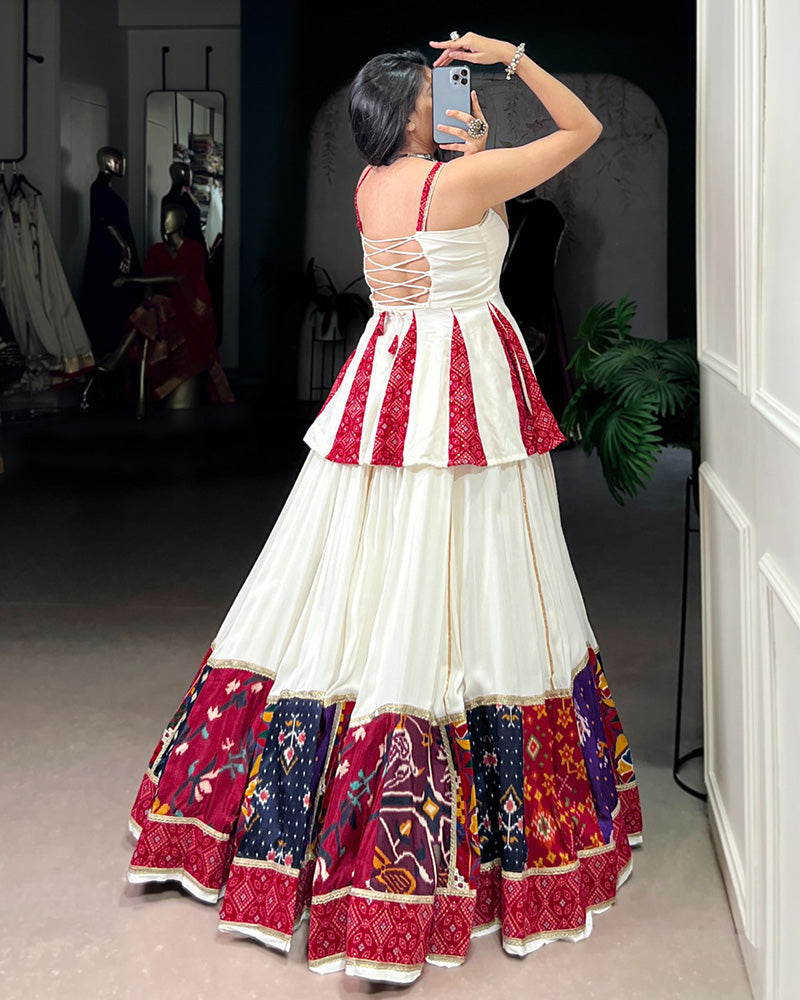 White Pure Rayon Patch Work and Bandhej Foil Print Lehenga Choli