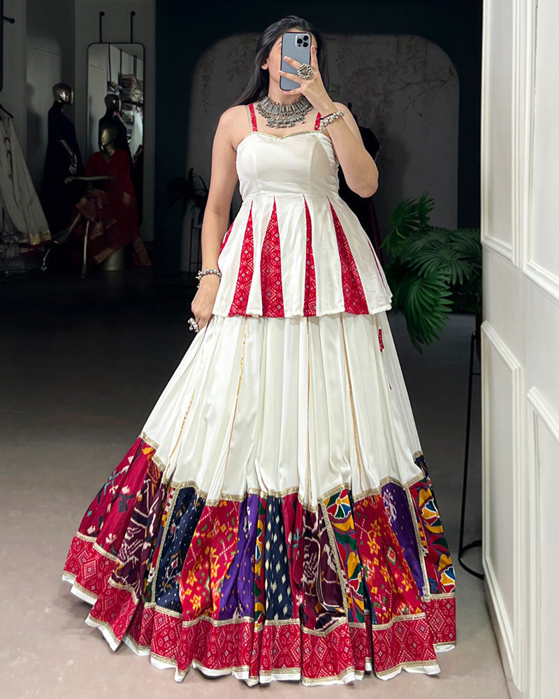 White Pure Rayon Patch Work and Bandhej Foil Print Lehenga Choli