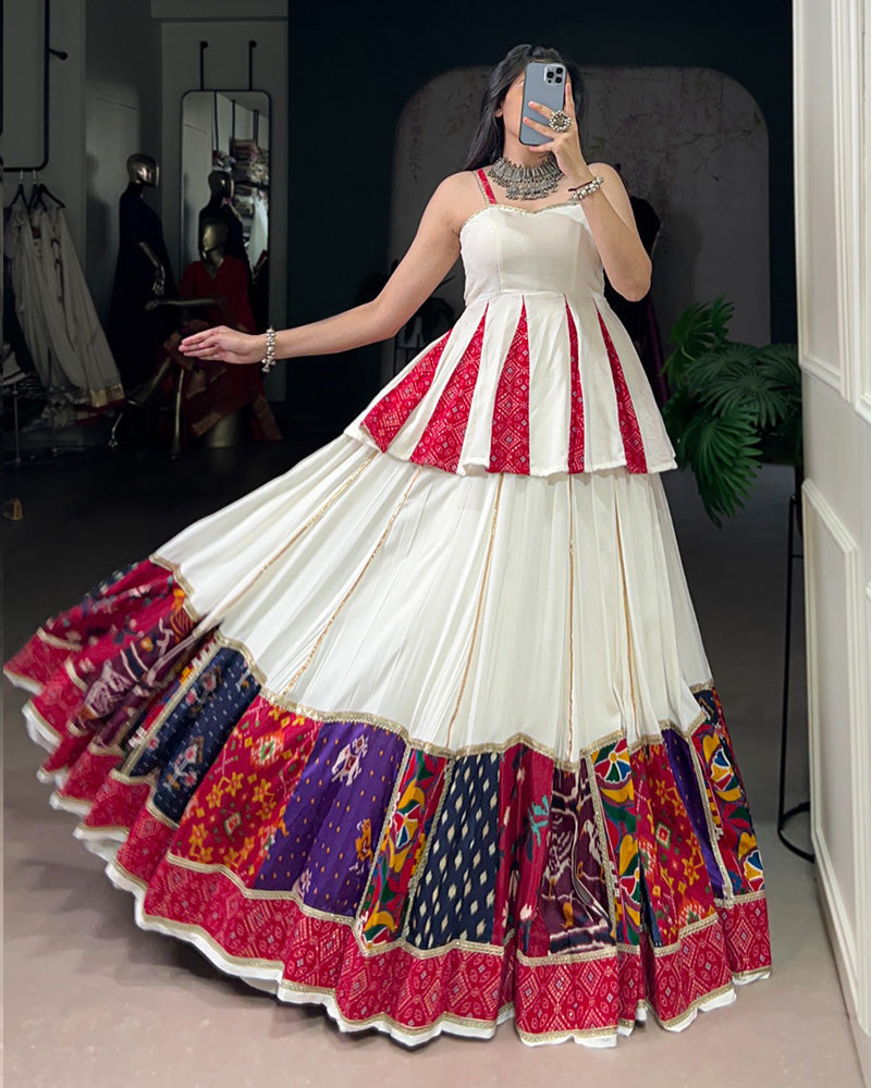 White Pure Rayon Patch Work and Bandhej Foil Print Lehenga Choli