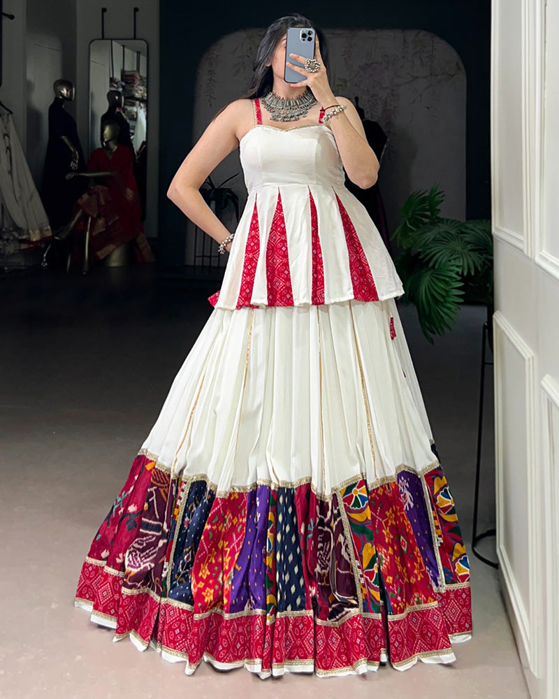 White Pure Rayon Patch Work and Bandhej Foil Print Lehenga Choli