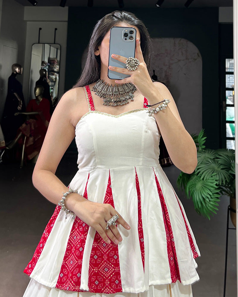 White Pure Rayon Patch Work and Bandhej Foil Print Lehenga Choli