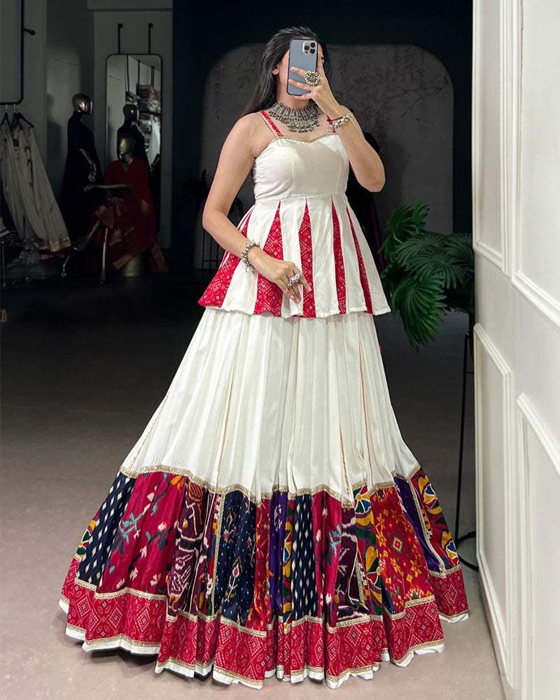 White Pure Rayon Patch Work and Bandhej Foil Print Lehenga Choli