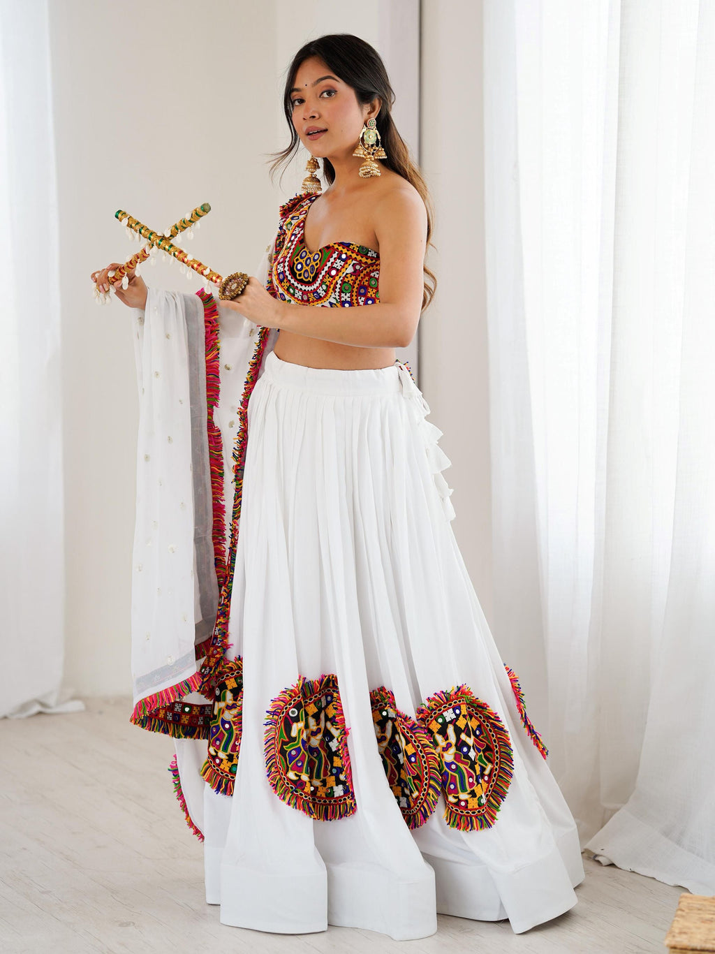 White rayon Gamthi thread mirror work lehenga choli with dupatta
