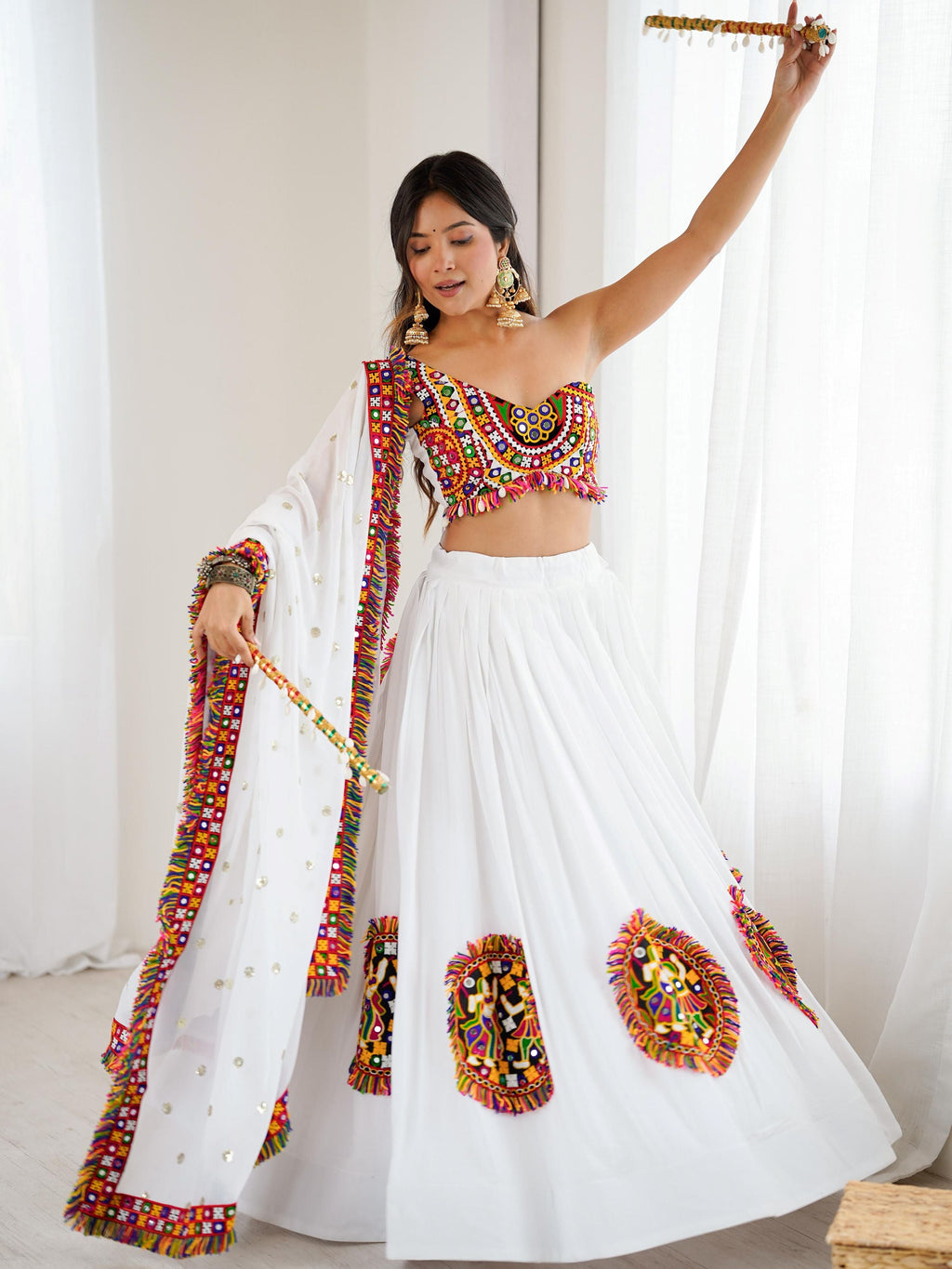 White rayon Gamthi thread mirror work lehenga choli with dupatta