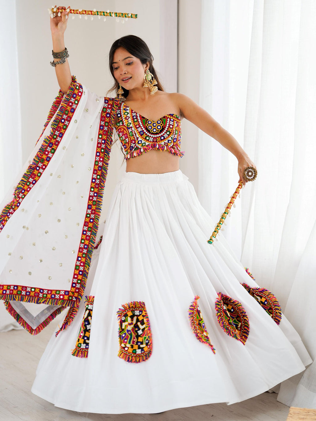White rayon Gamthi thread mirror work lehenga choli with dupatta