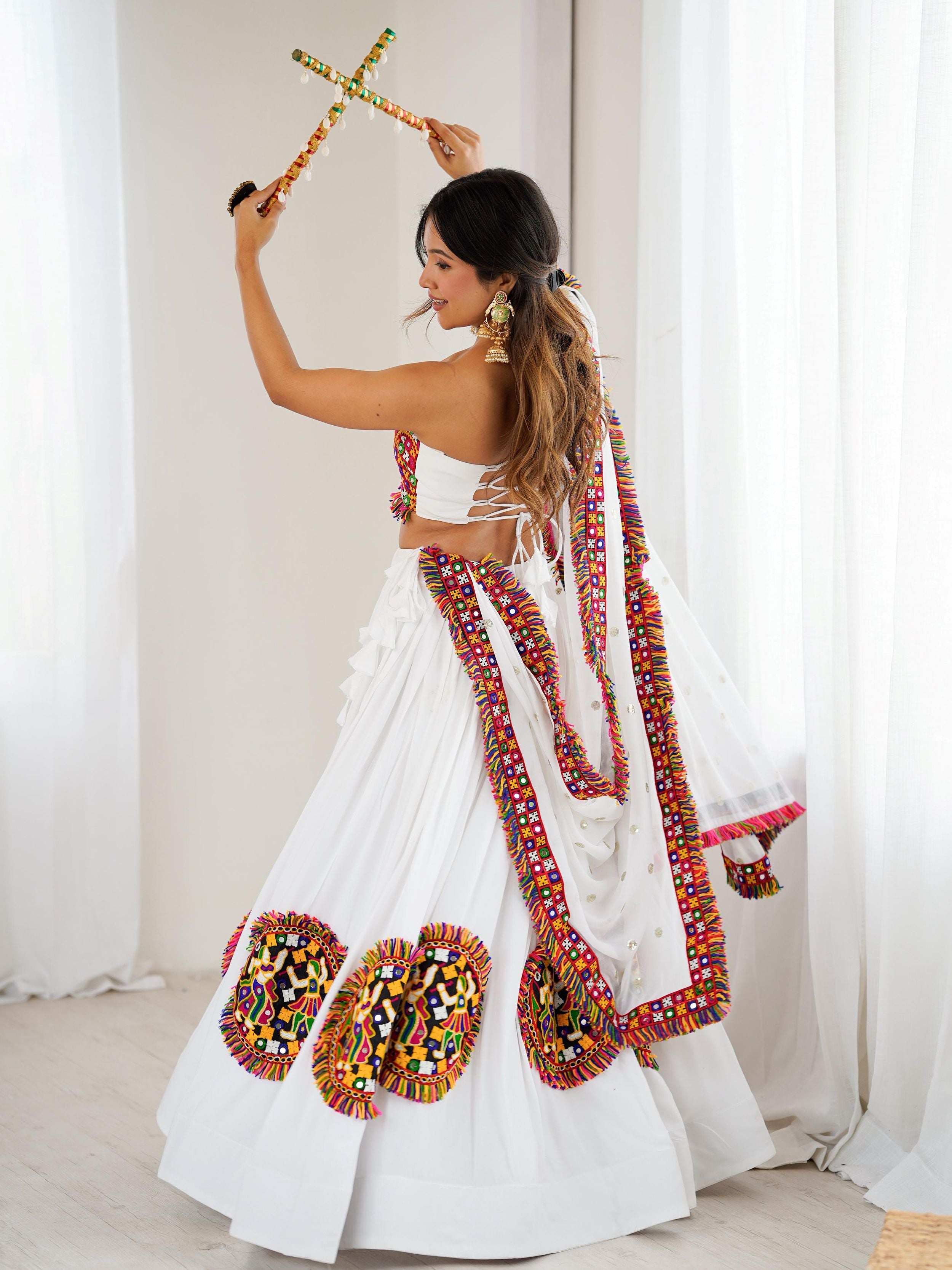 White rayon Gamthi thread mirror work lehenga choli with dupatta