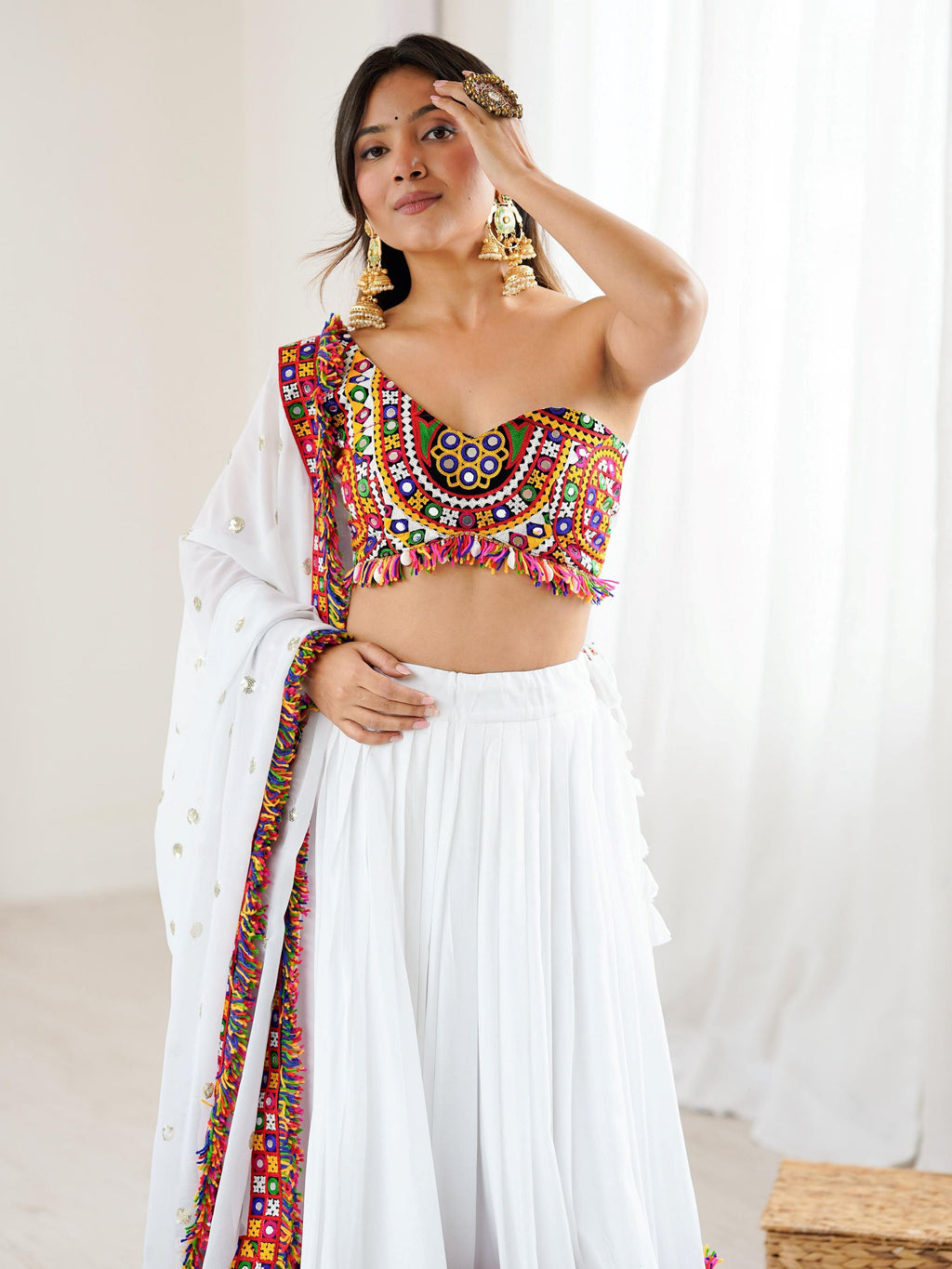 White rayon Gamthi thread mirror work lehenga choli with dupatta