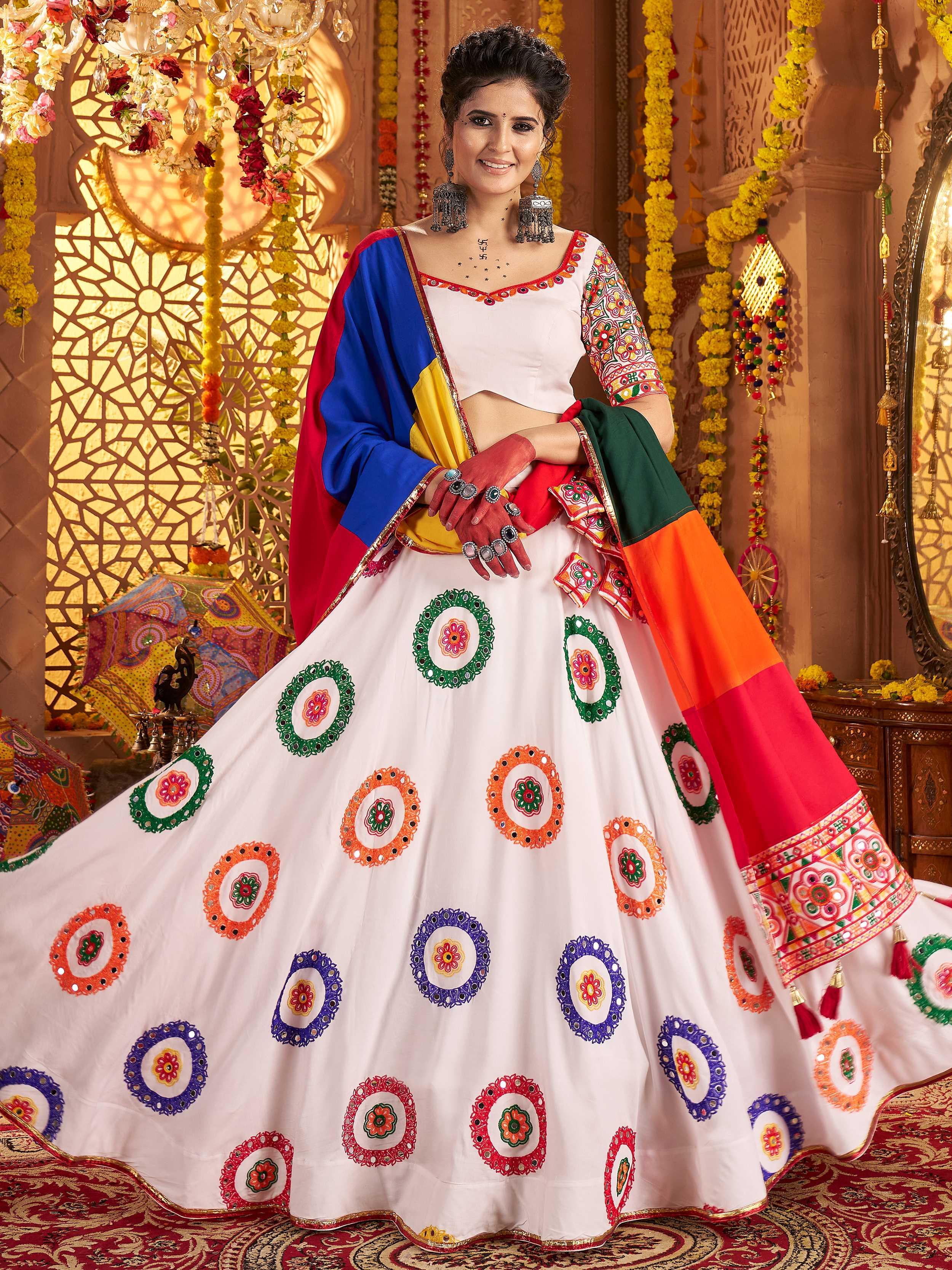 White Viscose Cotton Mirror Thread Embroidery Work Navratri Lehenga Choli