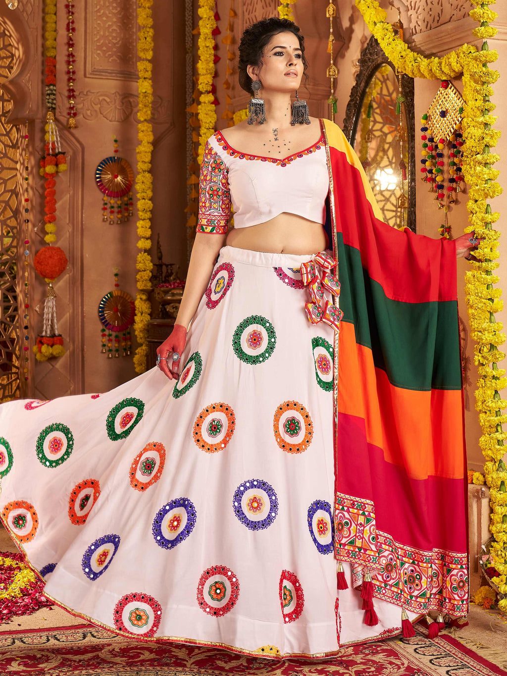 White Viscose Cotton Mirror Thread Embroidery Work Navratri Lehenga Choli