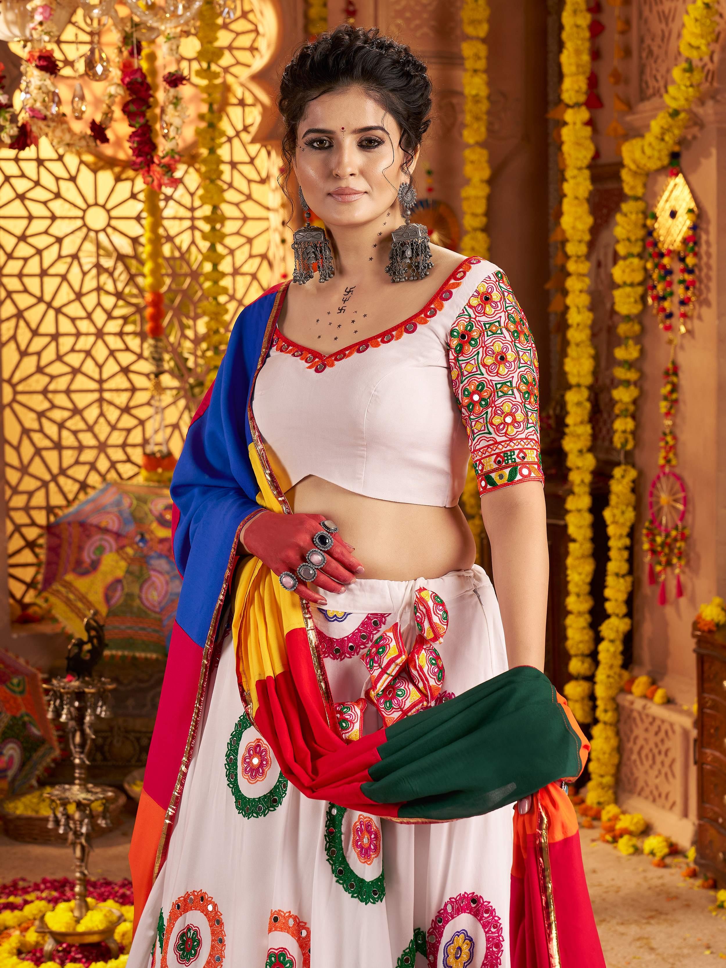 White Viscose Cotton Mirror Thread Embroidery Work Navratri Lehenga Choli