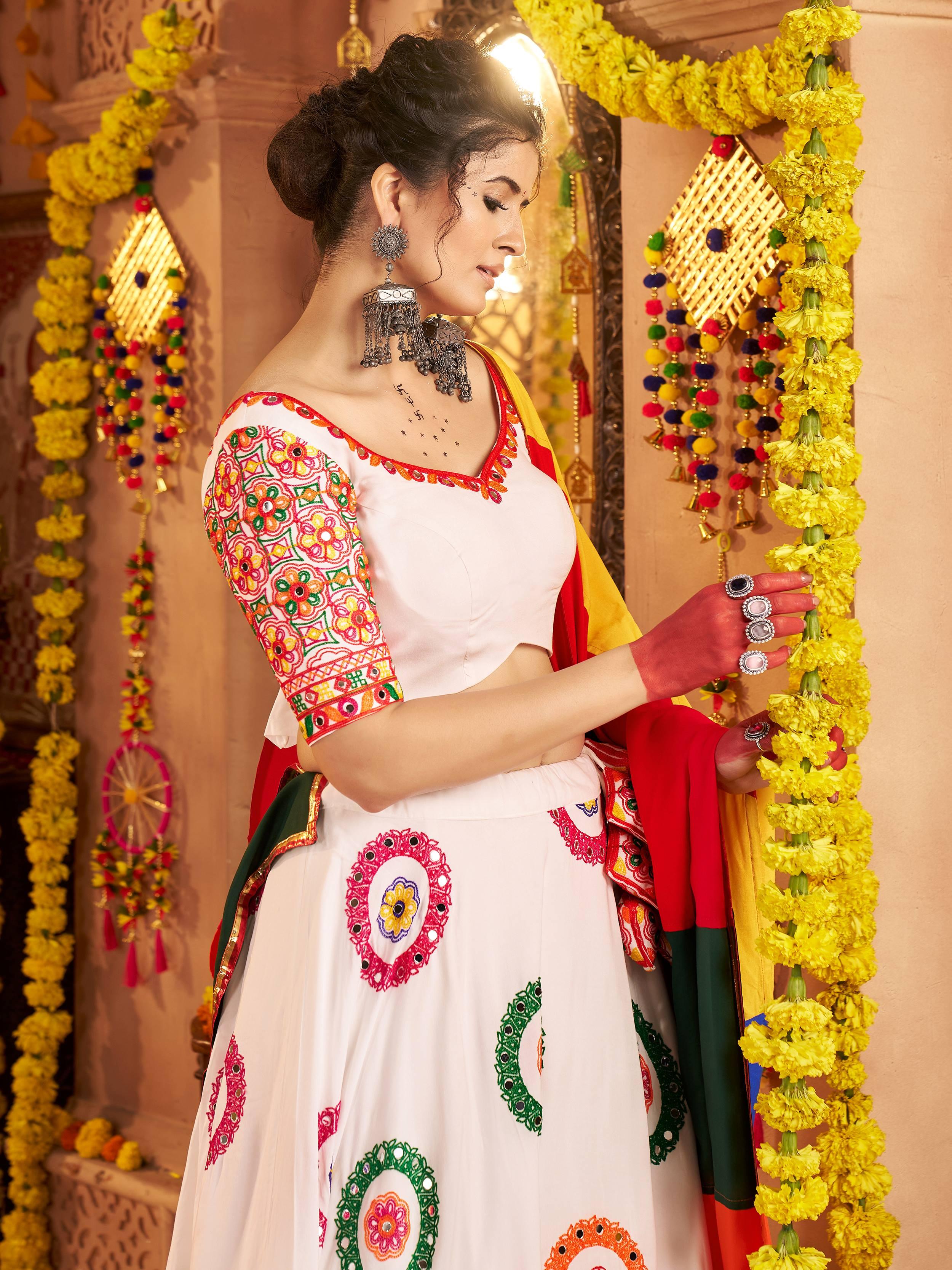 White Viscose Cotton Mirror Thread Embroidery Work Navratri Lehenga Choli