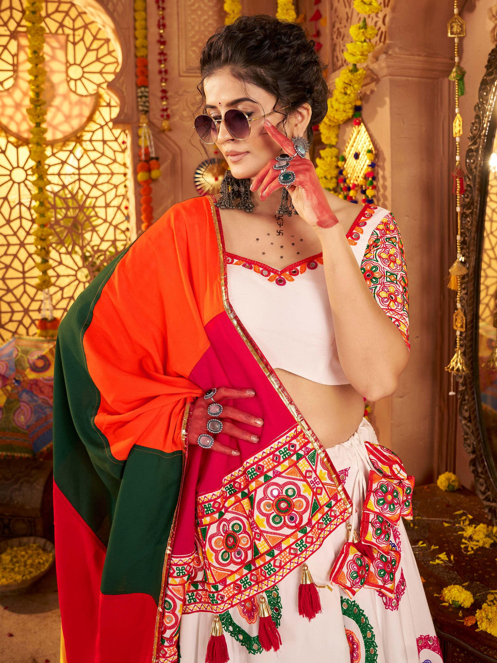 White Viscose Cotton Mirror Thread Embroidery Work Navratri Lehenga Choli