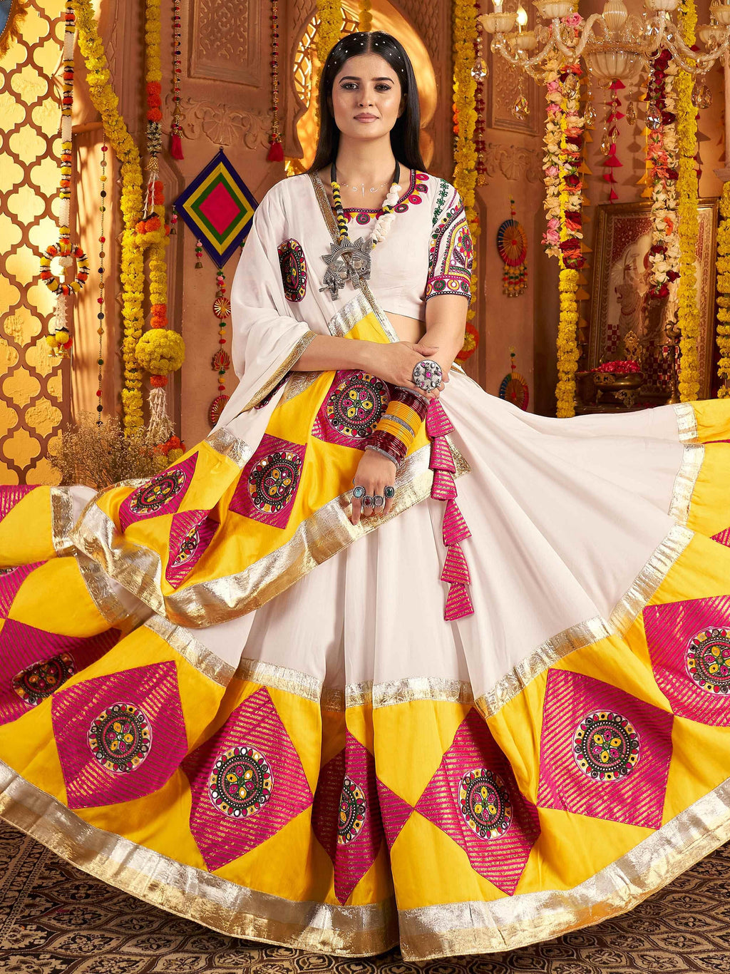 White Viscose Cotton Thread Embroidery Navratri Lehenga Choli