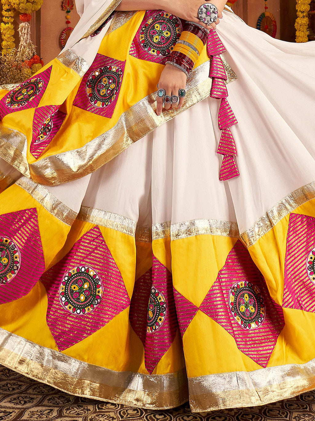 White Viscose Cotton Thread Embroidery Navratri Lehenga Choli