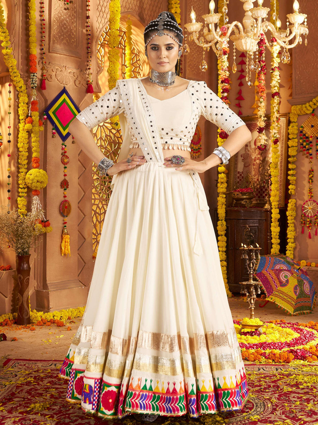 White Viscose Rayon Embroidered Navratri Lehenga Choli with Dupatta