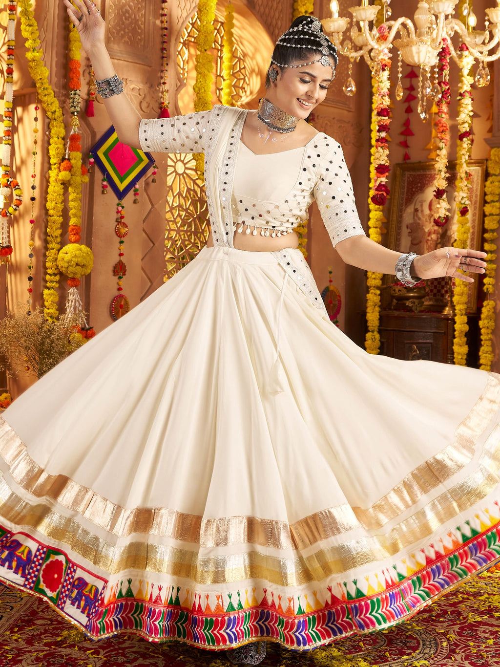White Viscose Rayon Embroidered Navratri Lehenga Choli with Dupatta