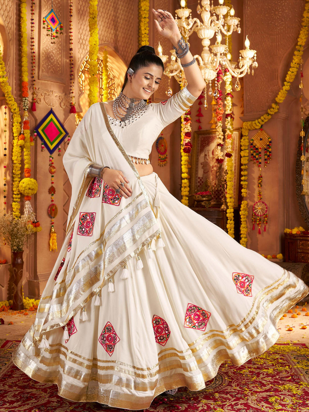 White Viscose Rayon Mirror Thread Embroidery Navratri Lehenga Choli